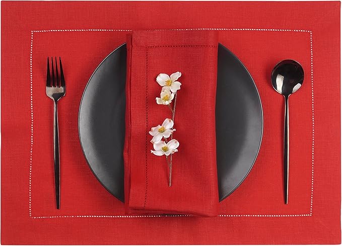 D'Moksha Homes Linen Placemats Set of 4 - Classic Hemstitch Bright Red Placemats 14 x 19 Inch - 100% Pure Linen Table Mats for Fall, Autumn and Halloween - Handcrafted and Machine Washable