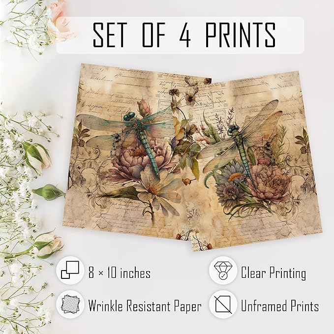 HRQKO Vintage Retro Dragonfly Flower Wall Art Poster Prints Set of 4, Dragonfly Floral Pictures Artwork Printing Posters Wall Decor, Blossom Botanical Prints for Bathroom Living Room 8”x10” Unframed