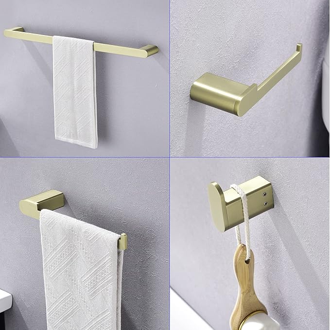 SHAMANDA Bathroom Hardware Set, 4-Piece Bath Accessory Towel Rack Set Brushed Gold Wall Mount Includes 24 Inch Towel Bar, Towel Robe Hook, Toilet Roll Paper Holder, Hand Tower Holder, BAS101-3