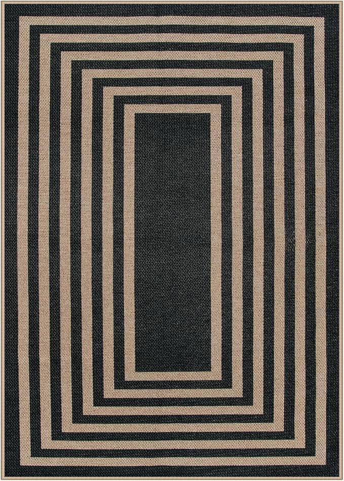 Lahome Modern Geometric Easy Jute Outdoor Rug, 5x7 Patio Living Room Rug Large Black Carpet for Bedroom, Farmhouse Washable Indoor Outdoor Carpet for Dining Room Backyard Deck