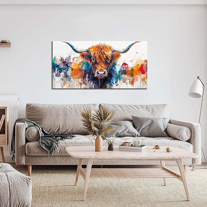 ZHAOSHOP Highland Cow Artwork Wall Decor for Living Room - Colorful Graffiti Wall Art for Office - Modern Wall Decor Teen Bedroom Size 20" x 40"