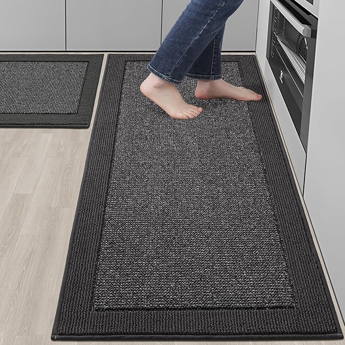 BEQHAUSE Kitchen Rugs and Mats Set of 2 Non-Slip Kitchen Mats for Floor, Absorbent and Stain Resistant Kitchen Runner, Machine Washable Rugs for Kitchen, Laundry & Sink, 24"x36"+24"x60", Charcoal