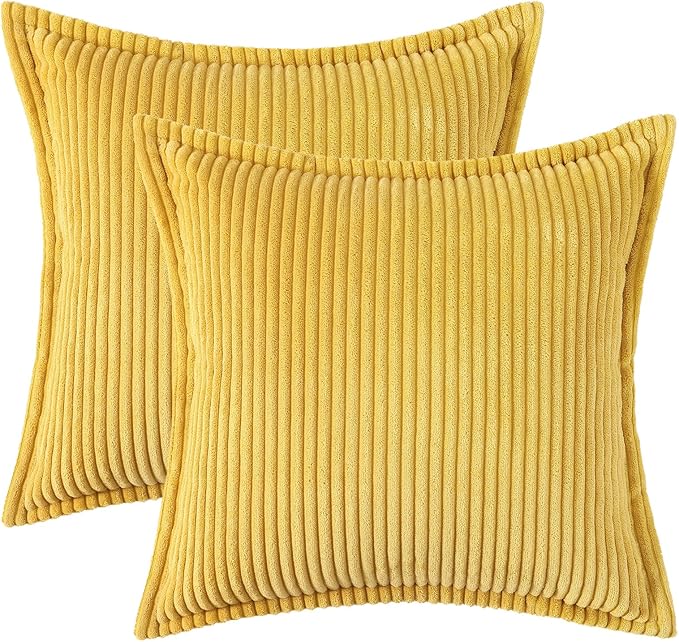 Mecatny Corduroy Throw Pillow Covers 18x18 Set of 2, Neutral Decorative Soft Boho Couch Pillow Covers with Broadside for Sofa Living Room, Mustard Yellow