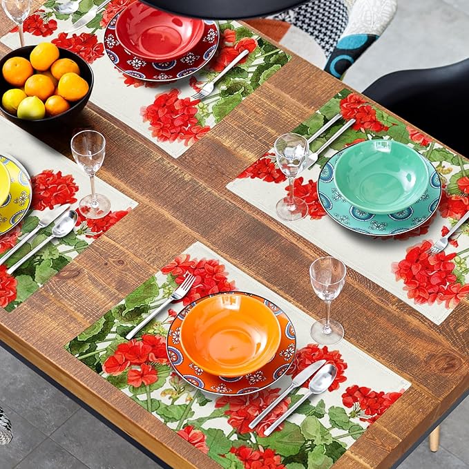 Geranium Placemats 12×18 Inches Set of 4 Spring Summer Floral Seasonal Indoor Kitchen Dining Table Place Mats for Home Party Decoration