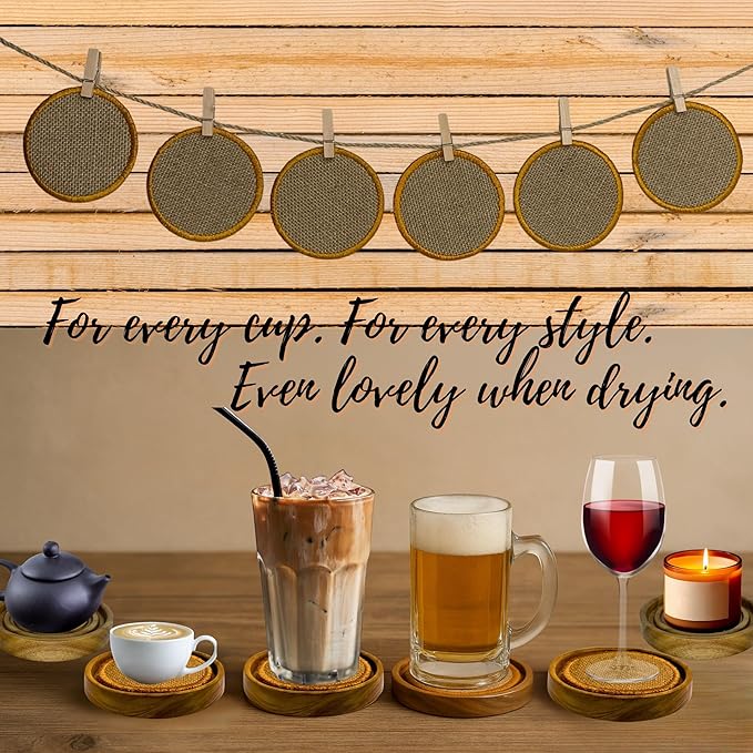 Wooden Coasters Set of 4 with Holder – 3.9" Acacia Drink Coasters with Water Groove & Non-Slip Base – Rustic Farmhouse Coffee Table Decor – Gift for Home, Bar, Wedding, Housewarming