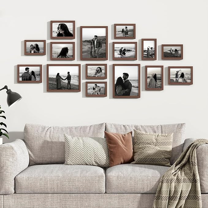 15 Pack Picture Frames Collage Wall Decor, Gallery Frame Set for Wall Mounting or Tabletop Display, Multi Sizes Including 3pcs 8x10, 6pcs 5x7, 6pcs 4x6, Walnut