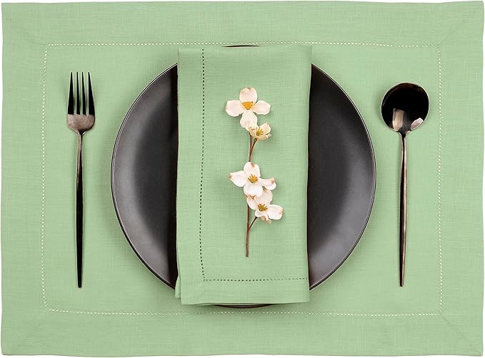 D'Moksha Homes Sage Green Linen Cloth Placemats Set of 4-100% Pure Linen Hemstitch Placemats 14 x 19 Inch - Classic Hemstitch Table Place Mats for Fall, Halloween - Handcrafted and Machine Washable