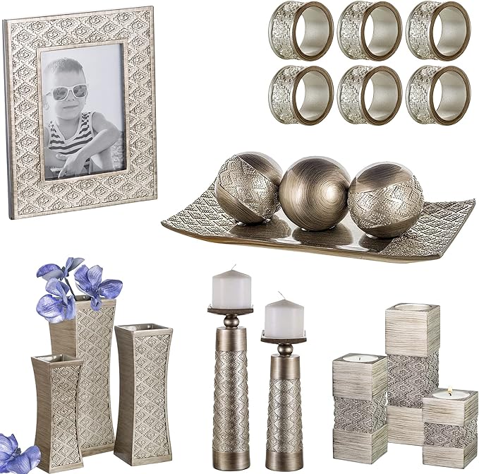 Creative Scents Dublin Silver Decorative Tray and Orbs Balls Set - Centerpiece Bowl with Balls for Dining room Table, Rustic Coffee Table Decor for Living Room Decor, Gift Boxed