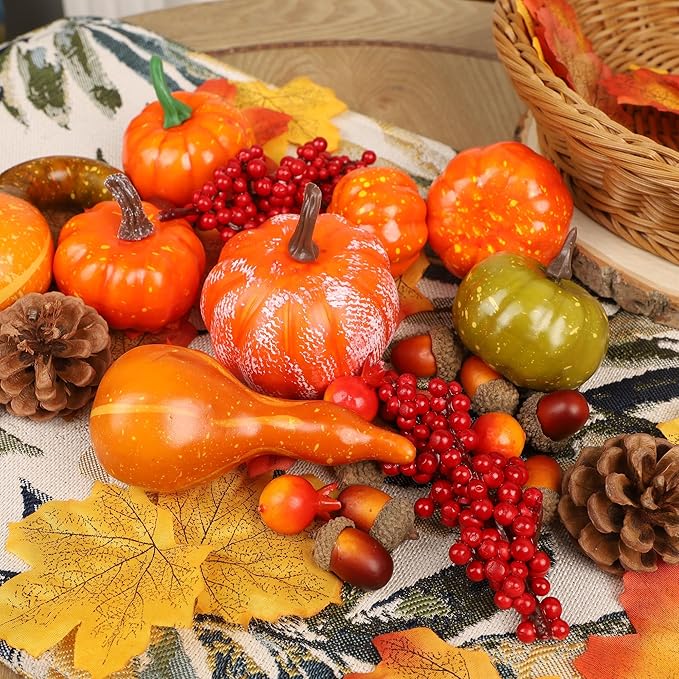 winemana 57pcs Fall Decorations for Home - Small Pumpkins for Decorating with Fake Leaves, Gourds & Pinecones -Thanksgiving Decor for Table Centerpiece Indoor Room Autumn Harvest Decor
