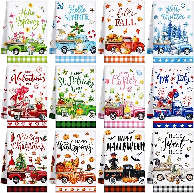 12 Pcs Seasonal Kitchen Towels Set for All Holidays Hand Dish Tea Towels Fall Halloween Christmas Cute Drying Dishcloths Decorative Absorbent Wash Cloths(Truck Style)