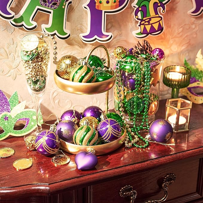 Valery Madelyn 28Pcs Christmas Heart Shaped Ornaments Gift Pack, Mardi Gras Craft Painted Tree Heart Decorations, Purple Green Gold Christmas Baubles Hanging Holiday Party Decor