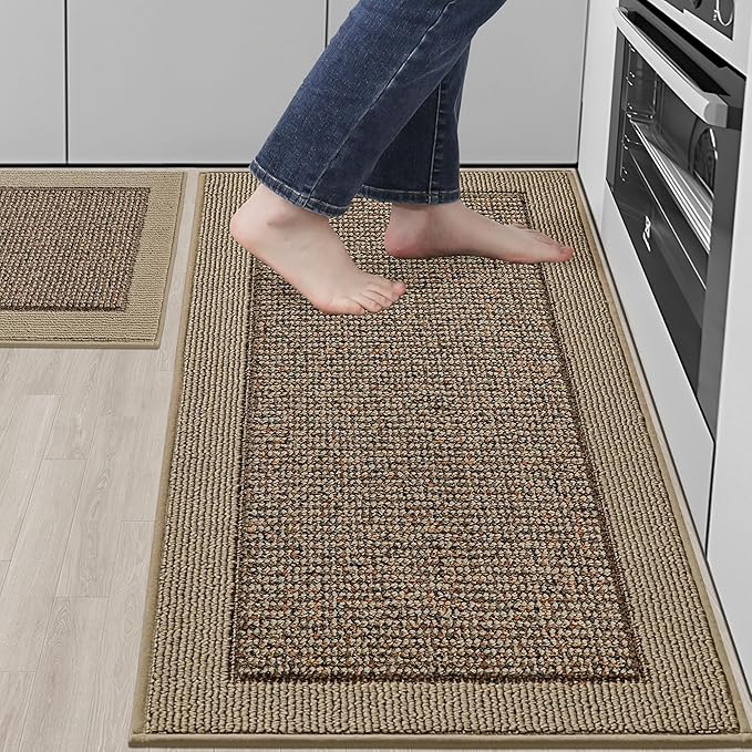 BEQHAUSE Kitchen Rugs and Mats Set of 2 Non-Slip Kitchen Mats for Floor, Absorbent and Stain Resistant Kitchen Runner, Machine Washable Rugs for Kitchen, Laundry & Sink, 20"x32"+20"x48", Taupe