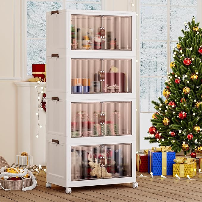 Jalove 88QT Plastic Storage Bins with lids, Stackable Collapsible Storage Containers with Wheels, Closet Organizer and Storage Drawers, Clothes Storage Cabinet for Home Office Garage, 4 Pack White