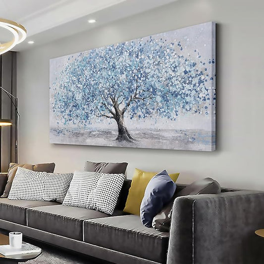Tree of Life Wall Art Blue Tree Picture Wall Decor Artwork Framed Abstract Canvas Painting Nature Decor for Living Room Bedroom Bathroom Office Home Decor 20"x40"Can Be Hung Directly