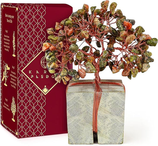 Crystal Tree for Birthday Gifts for Women, Handmade Raw Crystal Base Unakite Chakra Healing Crystal Tree of Life for Positive Energy, Money, Good Luck, Christmas Décor, Home and Office Decor