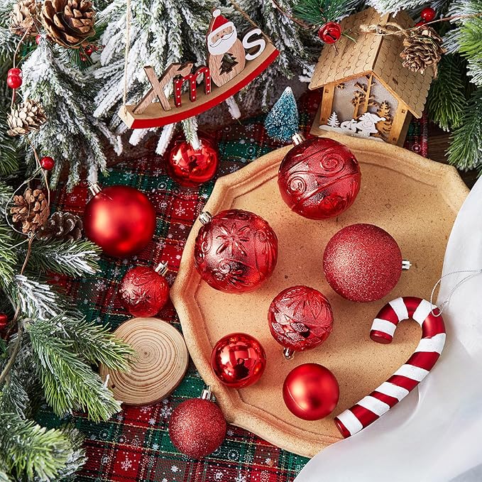 Wironlst Christmas Ball Ornaments - 30pcs Shatterproof Plastic Christmas Ornaments Hanging Ball Decorations for Xmas Tree, Holiday, Wedding, Party (Multi-Size, Red)