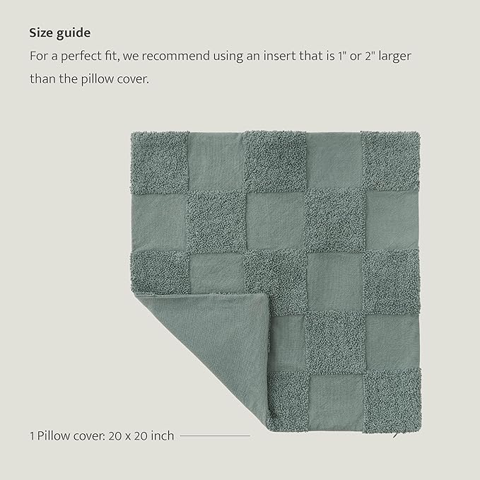 Double Stitch Checkered Throw Pillow Covers - 100% Cotton Tufted Boho Decorative Pillow Covers 20x20, Made in India, Square Cushion Case, Modern Home Decor for Couch, Sofa, Living Room, Chinois Green