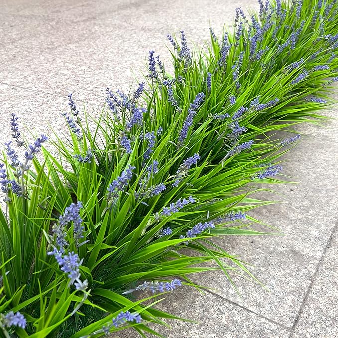 12 Bundles Artificial Plants Outdoor Fake Monkey Grass with Flowers for Pot UV Resistant Plant Decor for Window Garden Patio Hanging Planter Pathway Front Porch (Grass with Flowers)