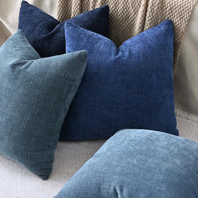 Set of 4 Soft Textured Decorative Throw Pillow Covers 20x20 Inch Cozy Farmhouse Cushion Cover Square Accent Pillow Cases for Bed Couch Sofa Living Room, Beige White Blue