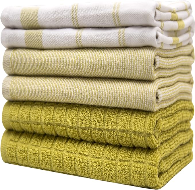 Premium Kitchen Towels (20”x 28”, 6 Pack) – Large Cotton Kitchen Hand Towels – Flat & Terry Towel – Highly Absorbent Tea Towels Set with Hanging Loop (Lime Green Check)
