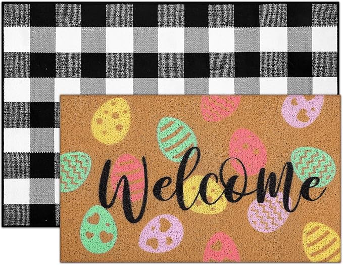 2 Pcs Door Mat Welcome Non Slip Coir Mats Floor Layering Doormats Seasonal for Front Porch Entryway Decor(Easter Eggs)