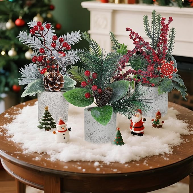winemana 3 Pack Mini Christmas Trees for Table Centerpieces, 11 Inch Small Artificial Xmas Tree with Red Berries & Pine Cones for Home, Office Desk, Tabletop, Indoor Holiday Decorations