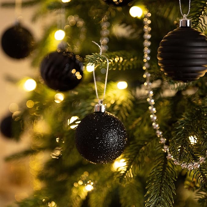 Valery Madelyn Christmas Ornaments Tree Decorations Set for Fall Halloween, 24ct Black Shatterproof Ball Ornaments, 2.36" Hanging Ornament Bulk for Xmas Holiday Party Decor
