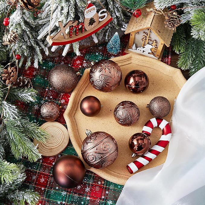 Wironlst Christmas Ball Ornaments - 30pcs Shatterproof Plastic Christmas Ornaments Hanging Ball Decorations for Xmas Tree, Holiday, Wedding, Party (Multi-Size, Brown)