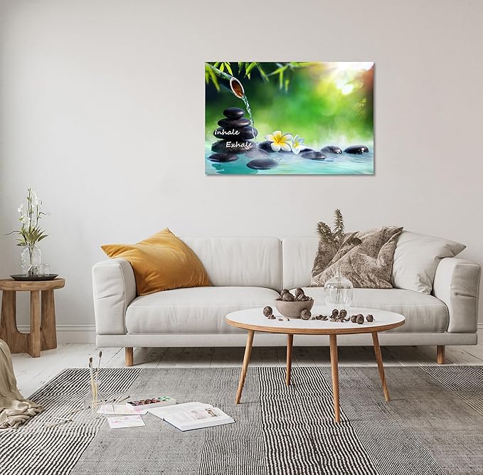 YIOZHAOFH Spa Canvas Print Art Nature Zen Painting Relaxing Bathroom Wall Art Decor White Lotus Pictures Framed Artwork Inhale Exhale Poster Office Decor for Spa Room Bedroom (12L x 16W)