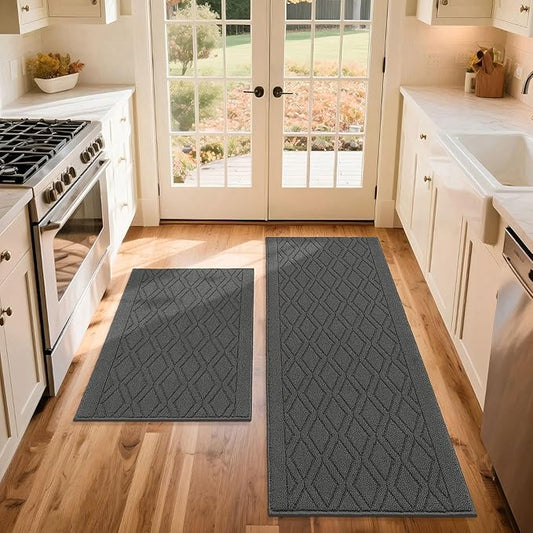 COSY HOMEER 60x24Inch/36X24Inch Kitchen Rugs Sets Non-Slip Washable Kitchen Mats for Floor Polypropylene Absorbent Kitchen Runner for Kitchen Sink Hallway Entryway(Grey)