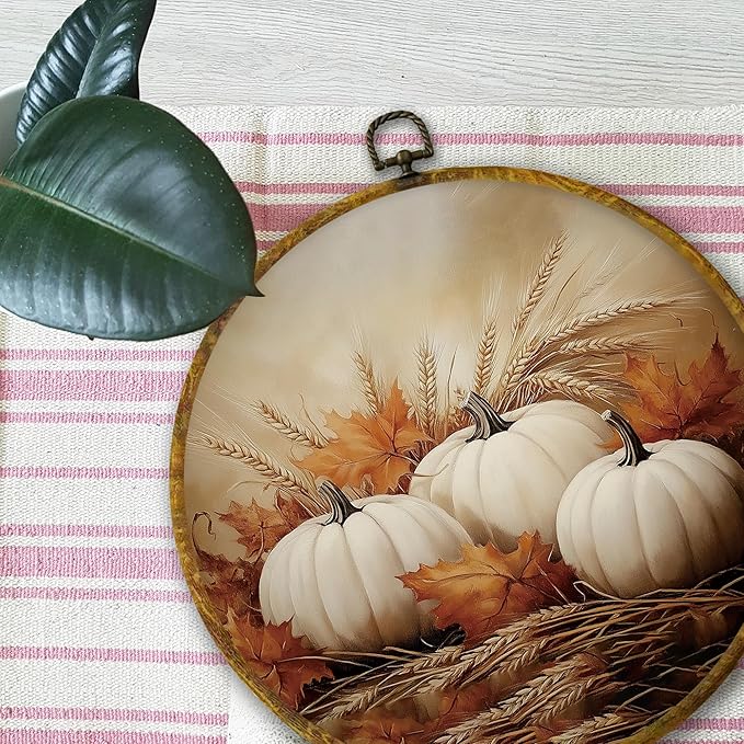 Mcehtle Rustic Fall White Pumpkin Wall Art Decor, Rustic Autumn Pumpkin Maple Leaf Framed Canvas Prints 10x10, Farmhouse Fall Round Wall Hanging Artwork Decorations for Bedroom Living Room Home