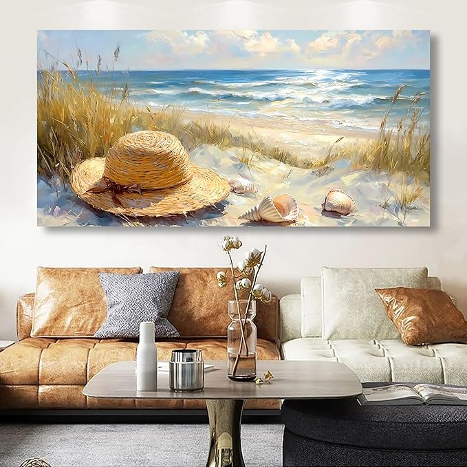 Beach Straw Hat Picture Printed Canvas Wall Art for Living Room, Office, Bedroom Wall Decor, Sea Landscape Wall Art Prints Modern Blue Yellow Landscape Artwork Waterproof Ready to Hang - 20x40 inches