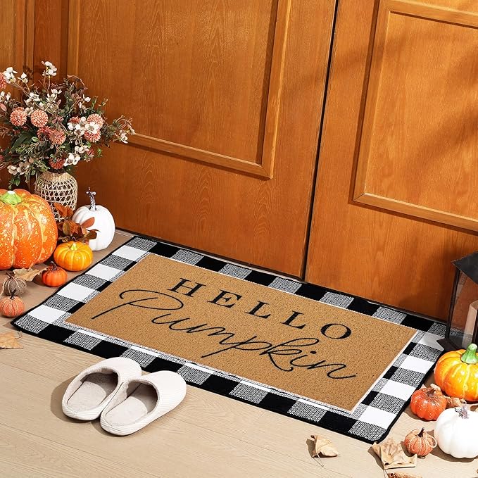 2 Pcs Fall Door Mat Hello Pumpkin Welcome Non Slip Coir Mats Thanksgiving Black White Plaid Harvest Floor Layering Doormats Seasonal for Front Porch Entryway Decor(Black White Plaid)