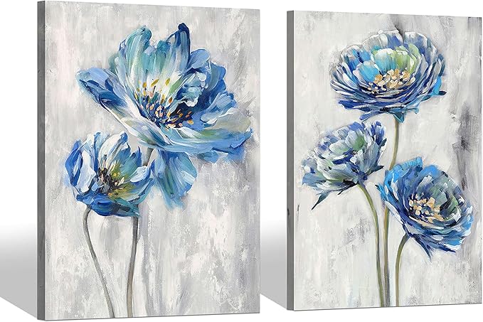 Color Play Blue Flower Canvas Wall Art: Bathroom Bedroom Abstract Lotus Floral Painting Picture 2 Piece Modern Botanical Nature Giclee Print Artwork for Living Room Home Decor Ready to Hang