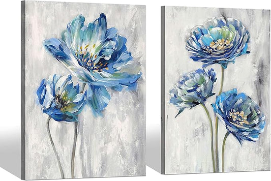 Color Play Blue Flower Canvas Wall Art: Bathroom Bedroom Abstract Lotus Floral Painting Picture 2 Piece Modern Botanical Nature Giclee Print Artwork for Living Room Home Decor Ready to Hang