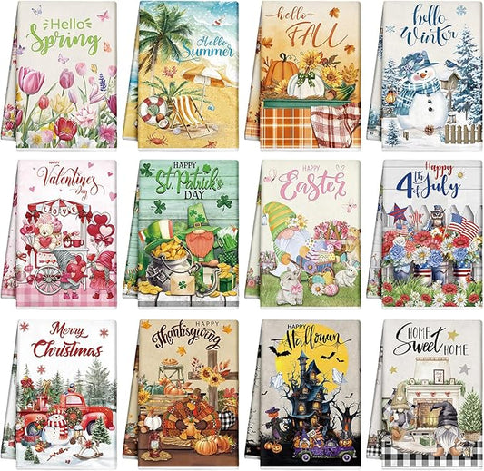 12 Pcs Seasonal Kitchen Towels Set for All Holidays Hand Dish Tea Towels Fall Halloween Christmas Cute Drying Dishcloths Decorative Absorbent Wash Cloths(Fresh Style)