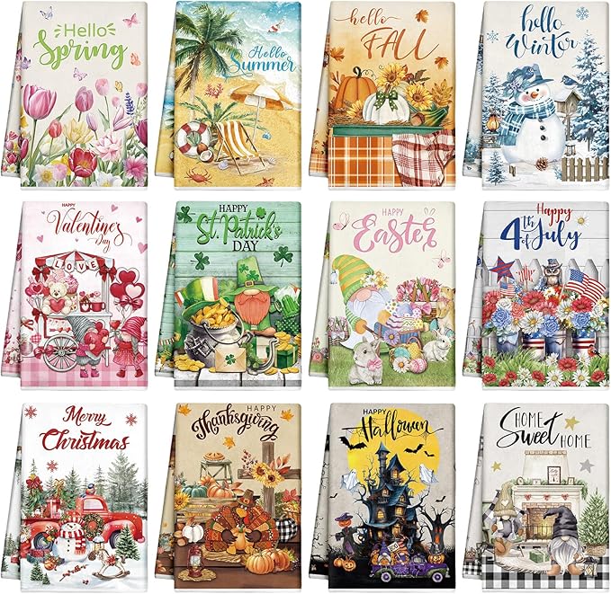 12 Pcs Seasonal Kitchen Towels Set for All Holidays Hand Dish Tea Towels Fall Halloween Christmas Cute Drying Dishcloths Decorative Absorbent Wash Cloths(Fresh Style)