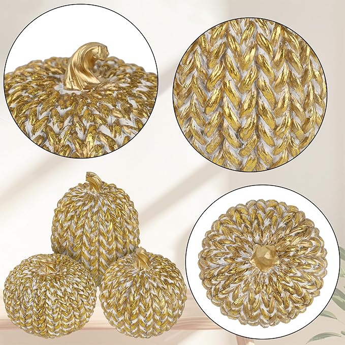 winemana Fall Decorations for Home Set of 3, Gold & White Resin Pumpkin Decor with Woven Design - Thanksgiving Table Centerpiece, Mantel, Indoor & Outdoor Farmhouse Autumn Décor