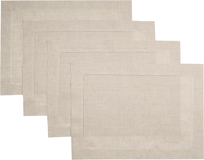 D'Moksha Homes Linen Placemats Set of 4-100% Pure Linen Natural Placemats 14 x 19 Inch - Classic Hemstitch, Washable Natural Placemats for Christmas Decor, Holiday