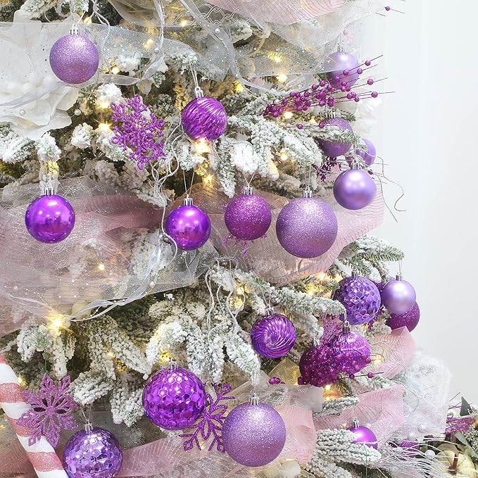 Sea Team 41-Pack Christmas Ball Ornaments with Strings, 60mm/2.36-Inch Medium Size Baubles, Shatterproof Plastic Christmas Bulbs, Hanging Decorations for Xmas Tree, Holiday, Wedding, Party, Lavender