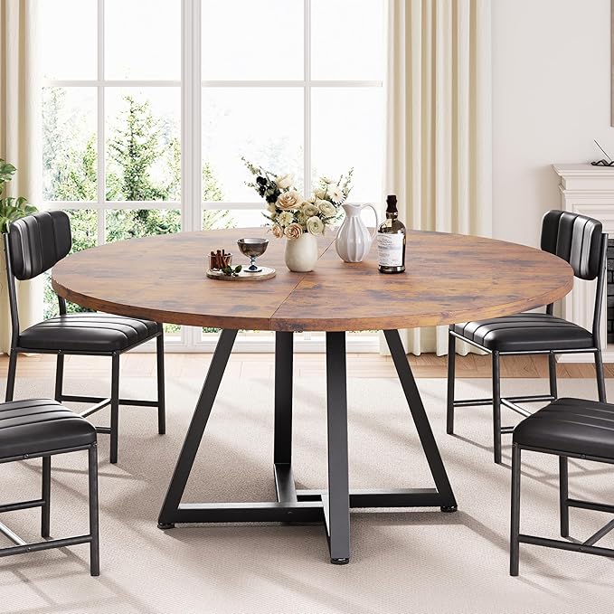 Round Kitchen Dining Room Table Circle Dining Dinner Table with Pedestal Metal Frame, Space Saving Wood Industrial Furniture for Small Space (Rustic Brown, 47IN)