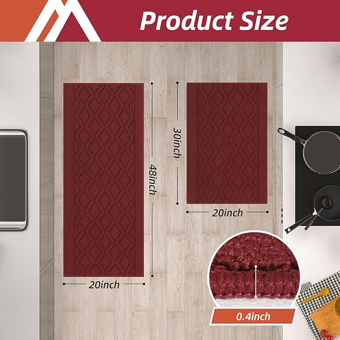 COSY HOMEER 48x20 Inch/30X20 Inch Kitchen Rug Mats Made of 100% Polypropylene 2 Pieces Soft Kitchen Mat Specialized in Anti Slippery and Machine Washable,red