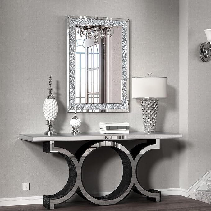 Crystal Crush Diamond Mirror-40 x28 Silver Mirror, Gorgeous Wall Mirror, Rectangle Mirrors for Wall Bathroom, Bedroom, Dining Room and Living Room