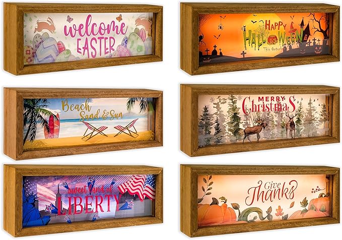 SAILINGSTORY Interchangeable Holiday Decor 6 Seasonal Decor Night Light Shadow Box Easter Summer 4th of July Halloween Thanksgiving Christmas Decorations