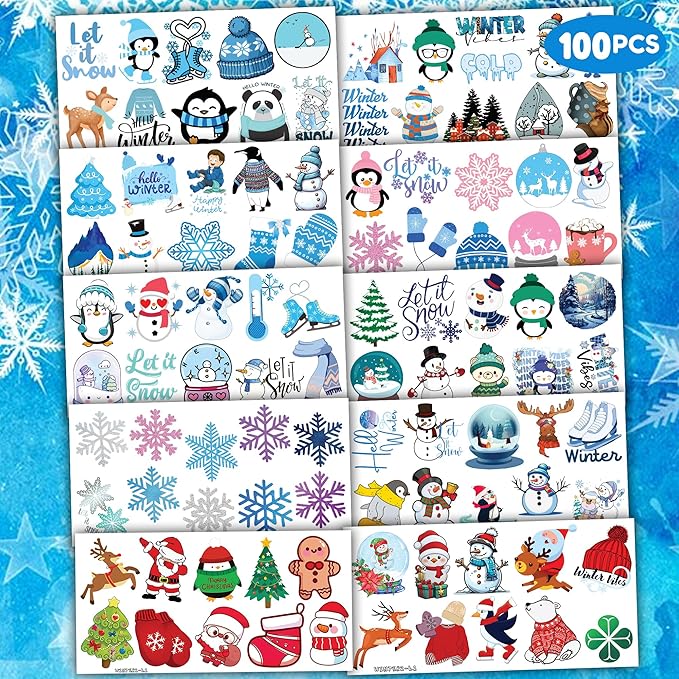 100 PCS Funny Blue Winter Temporary Tattoos Sticker Snowman Birthday Snowflake Christmas Party Decorations Decor Supplies Favors Gifts Girls Boys Baby Showers Cute Fake Tattoos Classroom Reward Themed