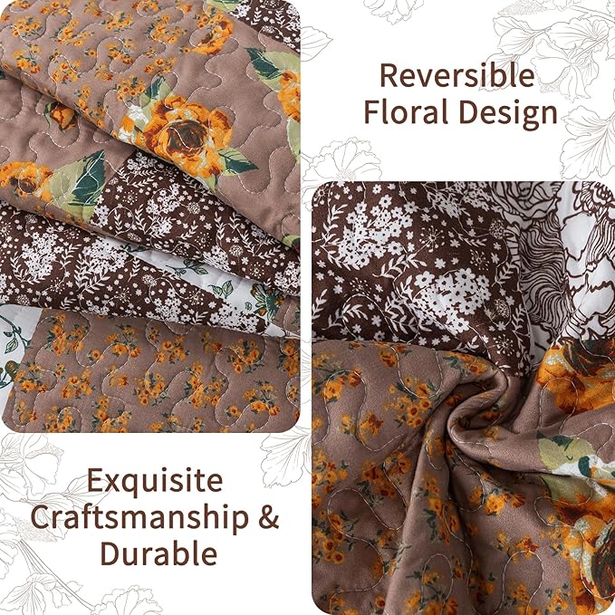 VAPUTAR Quilts Queen Size, Fall Patchwork Bedding Set with Floral Pattern, Soft and Breathable Coverlet Set, Lightweight Reversible Bedspread Suitable for All Season (90X98 inch, Brown)