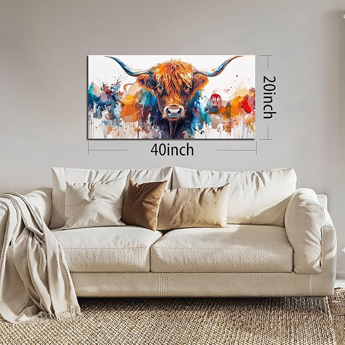 ZHAOSHOP Highland Cow Artwork Wall Decor for Living Room - Colorful Graffiti Wall Art for Office - Modern Wall Decor Teen Bedroom Size 20" x 40"