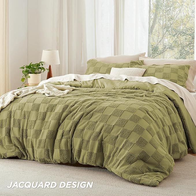 Bedsure King Size Comforter Set Olive Green, Boho Tufted Bed Set, Checkered Farmhouse Shabby Chic Bedding, 3 Pieces, 1 Plaid Geometric Comforter and 2 Pillow Shams