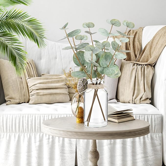 13 Inches Artificial Eucalyptus Stems in Glass Vase with Faux Water, Realistic Fake Plant Eucalyptus Double-sided 3D Printed Leaves for Home Bathroom Farmhouse Wedding Table Centerpiece Indoor Decor