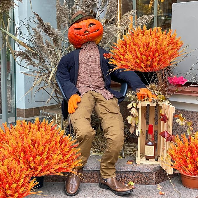 N&T NIETING 10 Bundles Artificial Fall Plants Outdoor Fake Monkey Grass with Lavenders Flowers for Pot Garden Verandah Decor for Thanksgiving Autumn Weddings Patio Hanging Planter Front Porch (Orange)